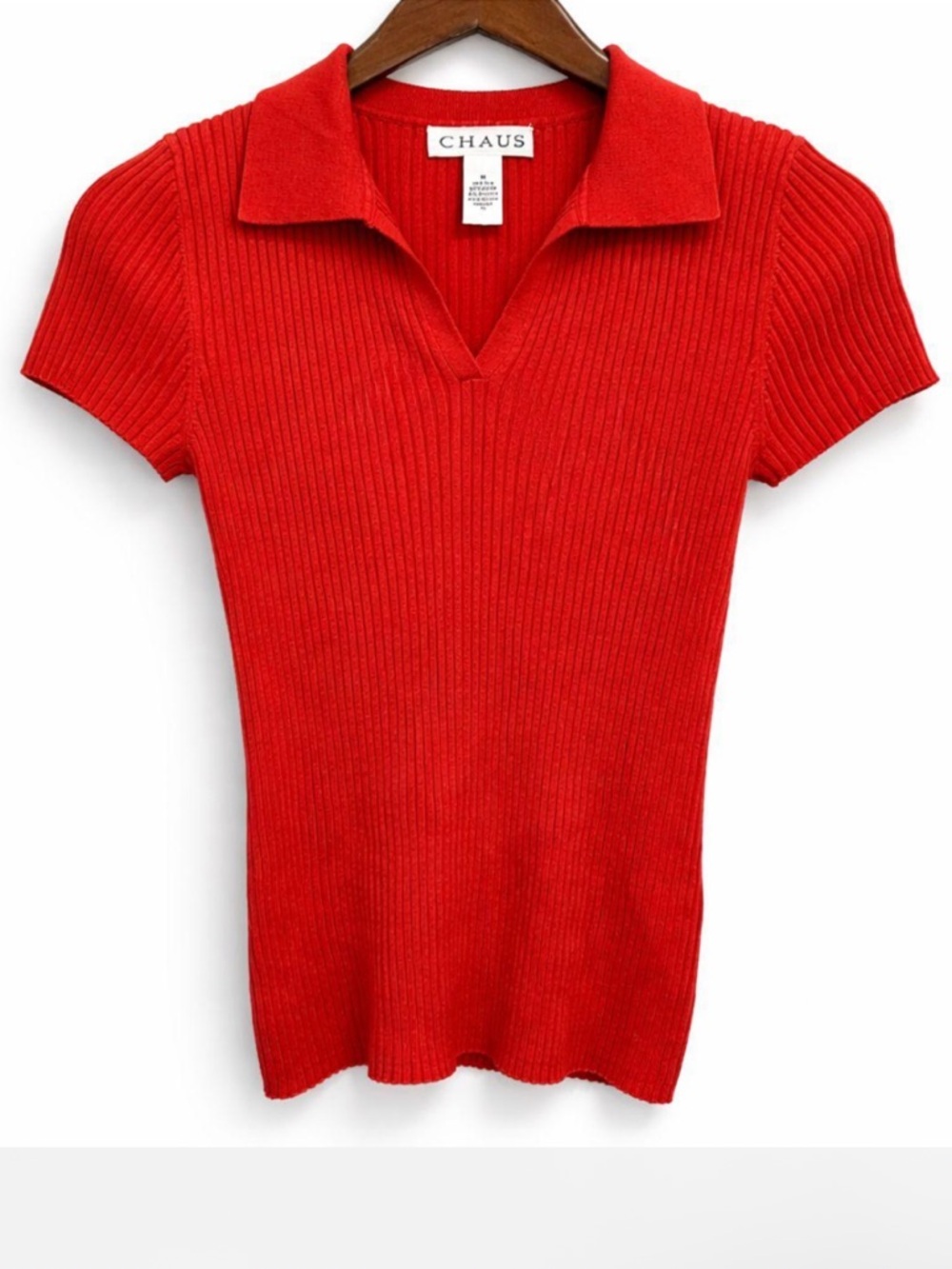 Vintage Y2K Preppy Ribbed Knit Summer Polo Tee Size M Coral Red Top, Silk Blend